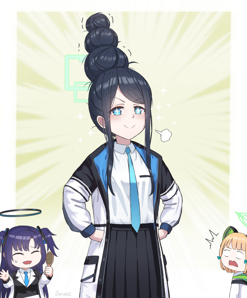 3girls, absurdly_long_hair, absurdres, alternate_hairstyle, animal_ear_headphones, animal_ears, aqua_halo, aris_(blue_archive)