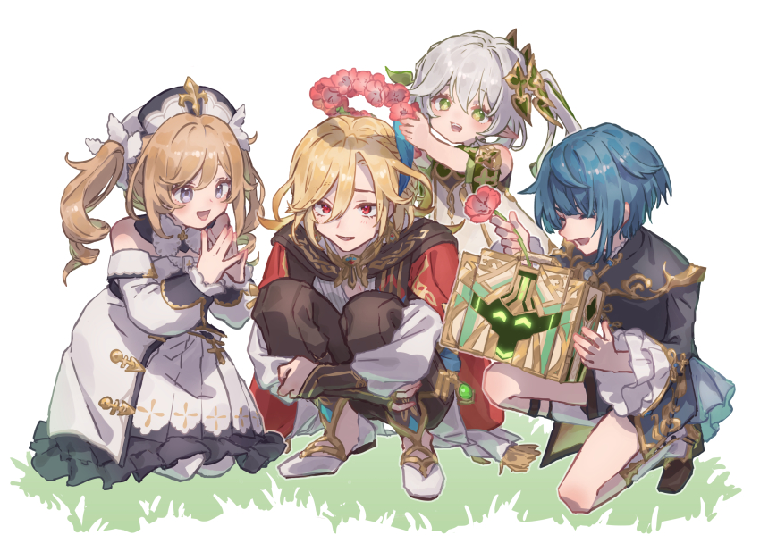 2boys, 2girls, barbara_(genshin_impact), black_pants, blonde_hair, blue_hair, boots, closed_eyes
