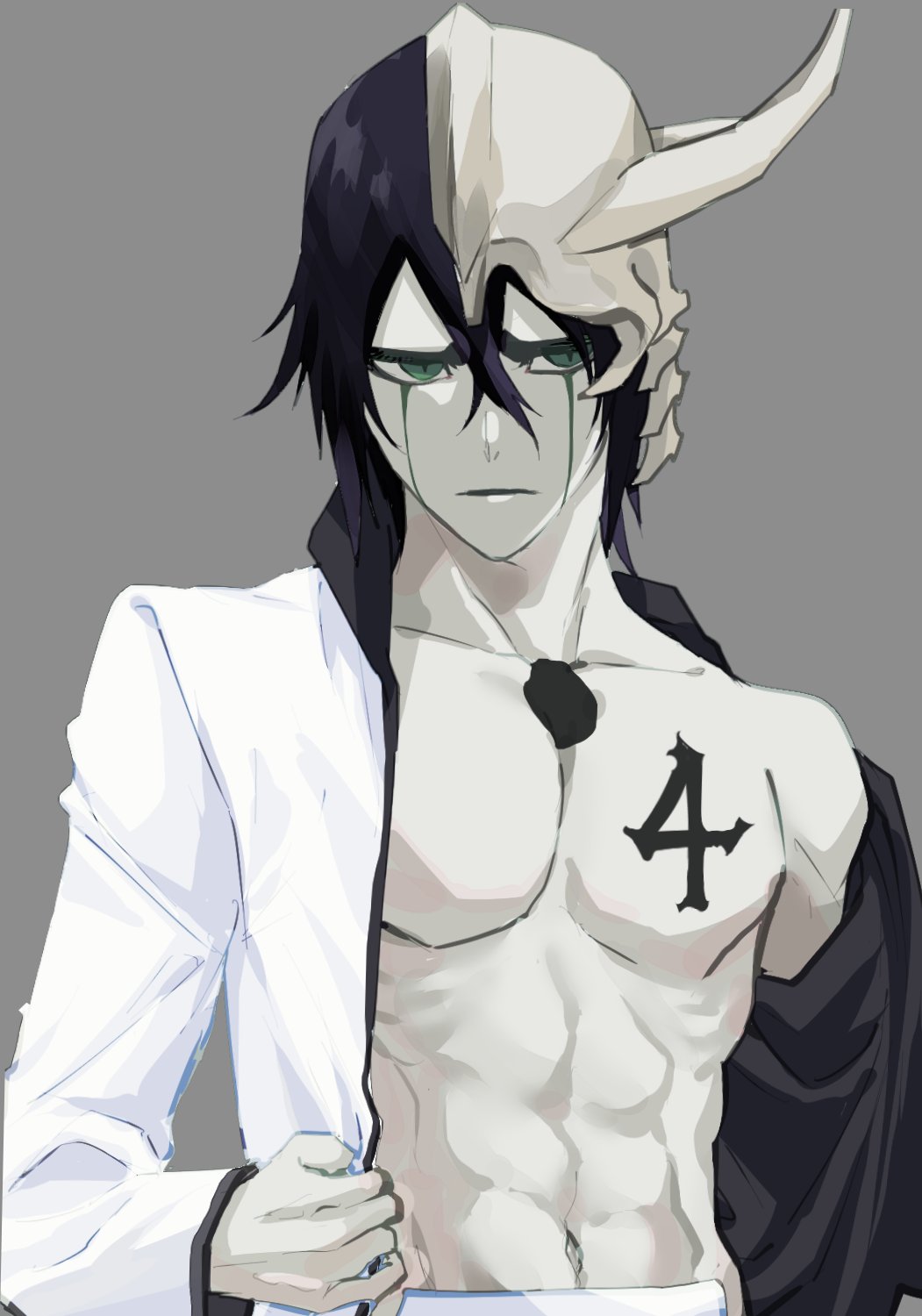 1boy, abs, black_hair, bleach, chest_tattoo, unworn_clothes, green_eyes, grey_background