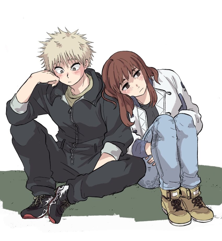 1boy, 1girl, blush, brown_hair, duck_etc, highres, hugging_own_legs, kiruko_(tengoku_daimakyou)