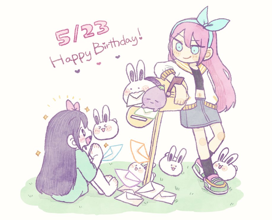 2girls, animal, aubrey_(omori), barefoot, baseball_bat, black_shirt, black_socks, blue_eyes, blue_shirt, blue_skirt, blush, bow, dated, denim, denim_skirt, dual_persona, envelope, forest_bunny_(omori), green_footwear, hair_bow, hairband, jacket, letter, letterman_jacket, long_hair, long_sleeves, mailbox, may, mentai_umasugi, midriff, mr._plantegg, multiple_girls, navel, omori, open_clothes, open_jacket, open_mouth, oversized_clothes, pink_hair, purple_hair, rabbit, shirt, shoes, short_sleeves, sitting, skirt, smile, sneakers, socks, sparkle, sparkling_eyes, standing, white_jacket