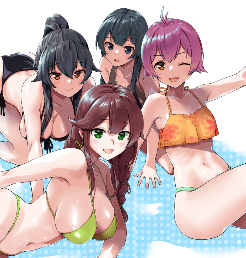 4girls, agano_(kancolle), all_fours, asava_(hutaitenn), bikini, black_bikini, black_hair, blue_eyes