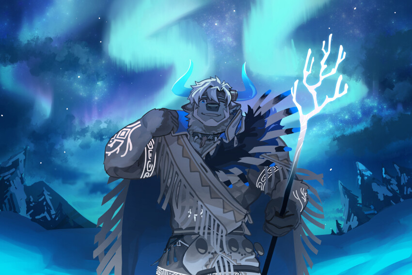 1boy, animal_ears, arm_tattoo, aurora, bara, bigfoot_(housamo), blue_eyes, blue_horns, cape, commentary_request, cow_ears, feather_necklace, feathers, fringe_trim, furry, furry_male, glowing, glowing_horns, glowing_staff, glowing_tattoo, hand_up, highres, holding, holding_staff, hood, hood_down, hooded_cape, horns, jewelry, male_focus, minotaur, muscular, muscular_male, native_american, native_american_clothes, necklace, night, one_eye_closed, open_mouth, short_hair, sky, smile, snow, solo, staff, star_(sky), tattoo, tokyo_houkago_summoners, tooth_necklace, tribal_tattoo, upper_body, white_fur, white_hair, zoyu_(wuedti)