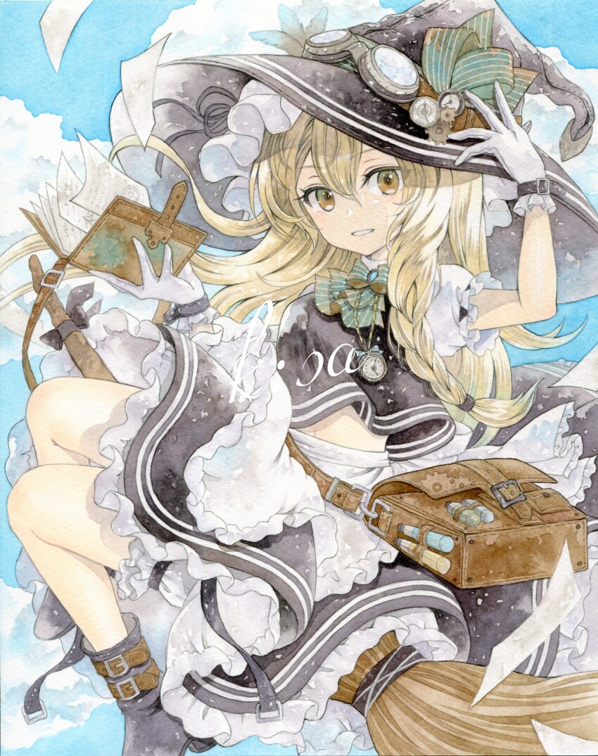 1girl, absurdres, adapted_costume, apron, arm_up, artist_name, ascot, bag