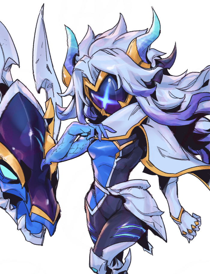 1girl, black_bodysuit, blue_hair, blue_skin, bodysuit, cape, colored_skin, cowboy_shot, drx_kindred, facing_viewer, gauntlets, grey_hair, horns, kindred_(league_of_legends), lamb_(league_of_legends), league_of_legends, long_hair, mask, multicolored_hair, official_alternate_costume, open_mouth, parted_bangs, phantom_cross, sharp_teeth, simple_background, teeth, white_background, white_cape, wolf_(league_of_legends)