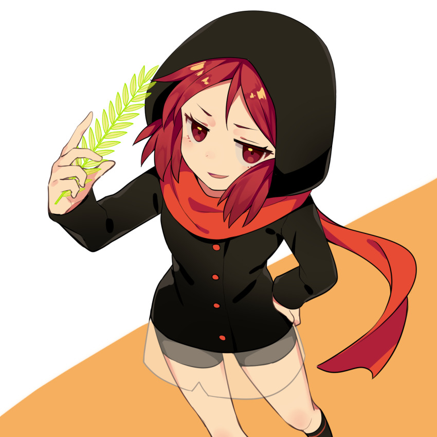 1girl, black_hood, black_socks, hand_on_own_hip, highres, holding, holding_plant, hood