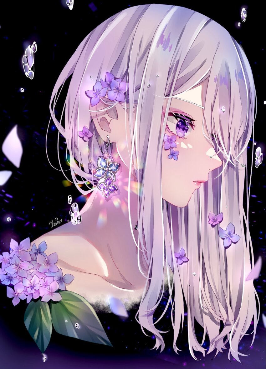 1girl, closed_mouth, earrings, falling_petals, flower_earrings, grey_hair, highres, hydrangea_hair_ornament