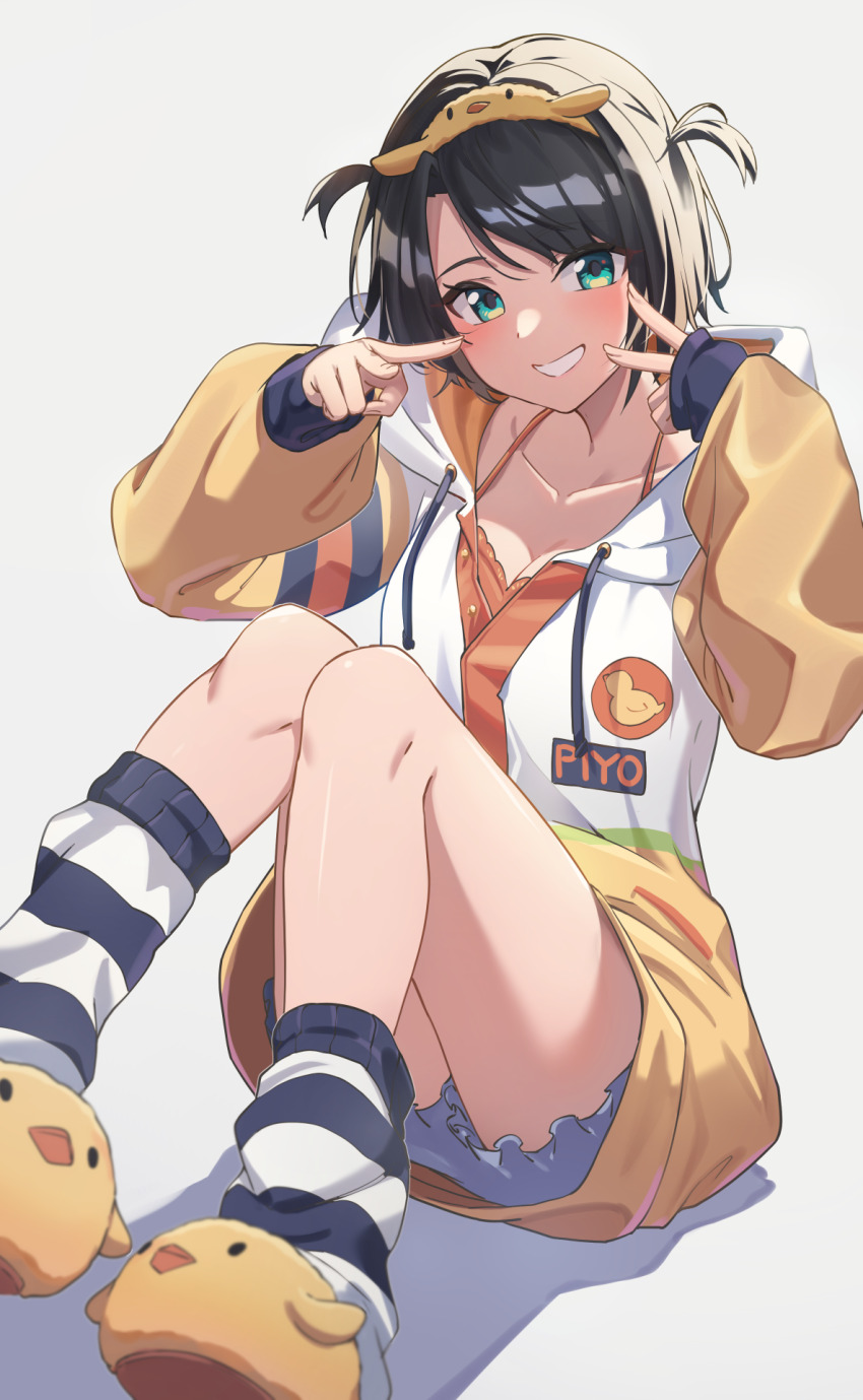 1girl, animal_slippers, black_hair, blue_eyes, blush, breasts, cleavage, collarbone