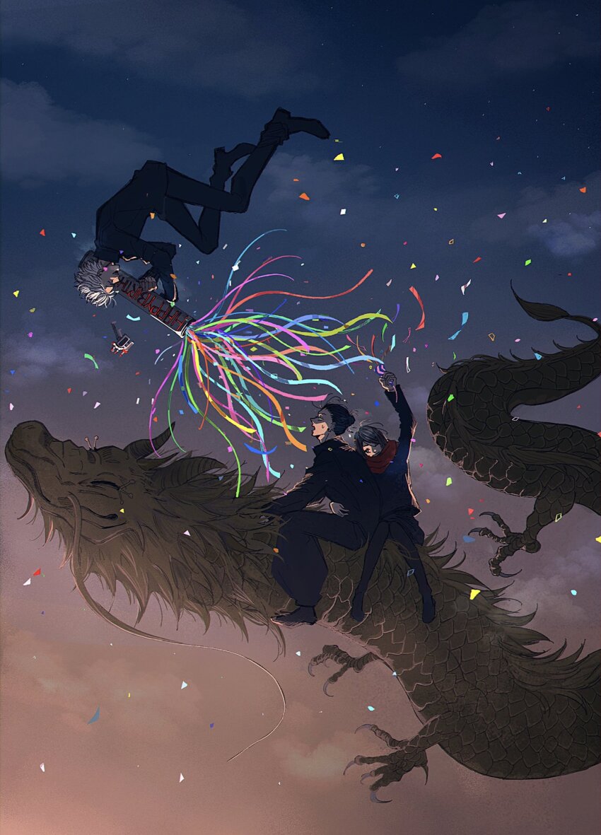 1girl, 2boys, arm_up, black_footwear, black_hair, black_jacket, black_pants, black_skirt