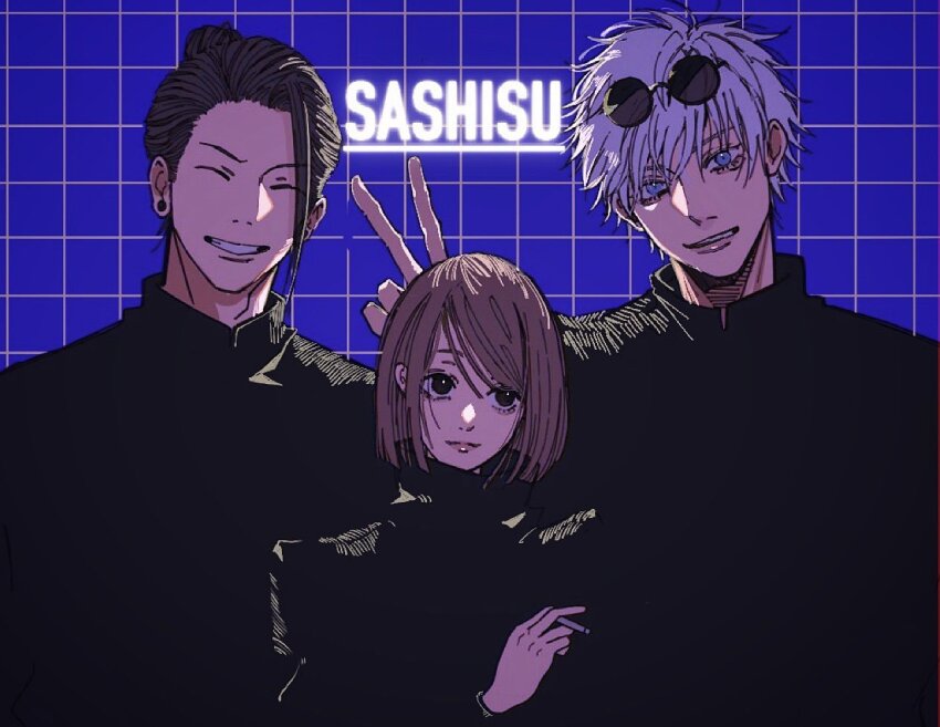 1girl, 2boys, ^_^, black_hair, black_jacket, blue_background, blue_eyes, brown_hair