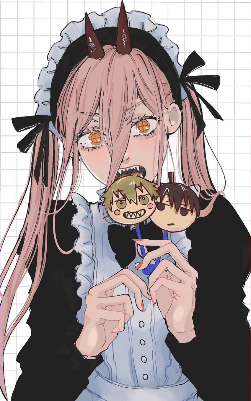 1girl, apron, black_bow, black_shirt, bow, chainsaw_man, crosshair_pupils, demon_girl, demon_horns, denji_(chainsaw_man), grid_background, hands_up, hayakawa_aki, highres, horns, long_hair, long_sleeves, looking_at_viewer, maid, maid_apron, maid_headdress, namida_a2, open_mouth, orange_eyes, pink_hair, pink_nails, power_(chainsaw_man), sharp_teeth, shirt, solo, teeth, twintails, upper_body, white_apron, white_background
