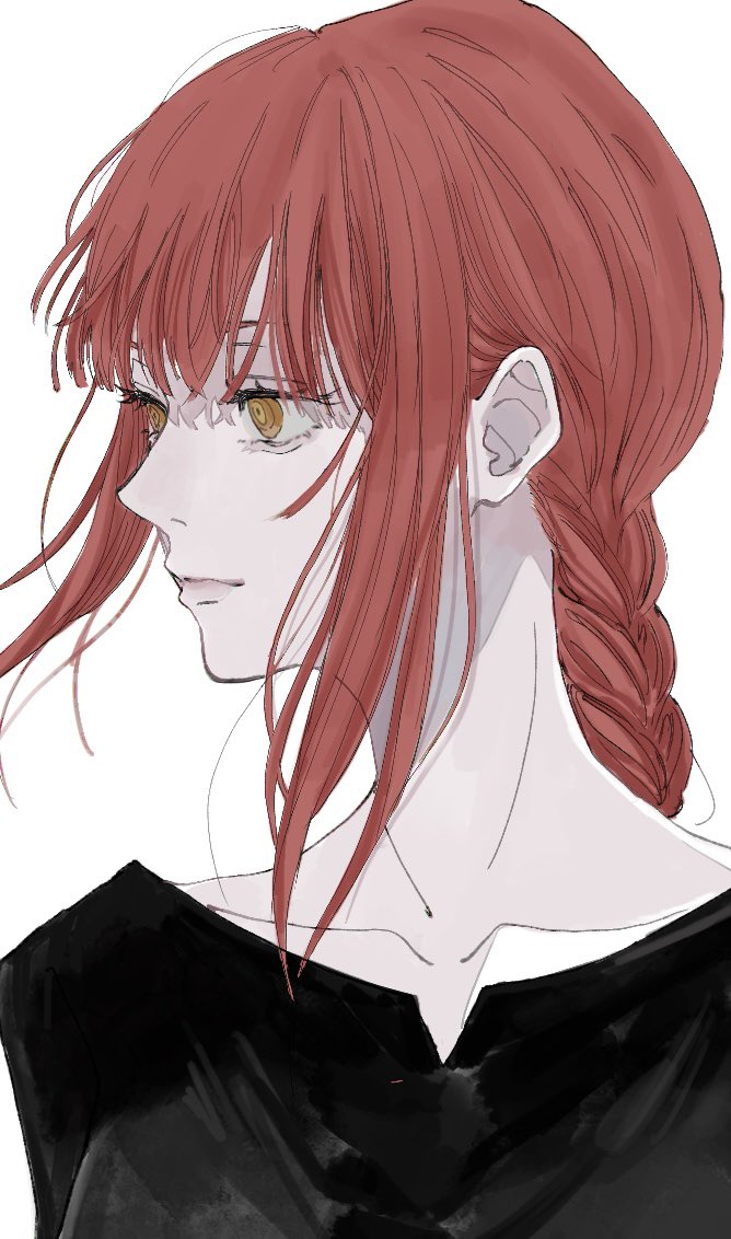 1girl, black_dress, braid, braided_ponytail, chainsaw_man, dress, looking_to_the_side, makima_(chainsaw_man), medium_hair, namida_a2, red_hair, ringed_eyes, sidelocks, simple_background, solo, white_background, yellow_eyes