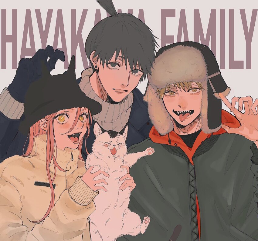 1girl, 2boys, black_gloves, black_hair, black_jacket, blonde_hair, brown_jacket, chainsaw_man