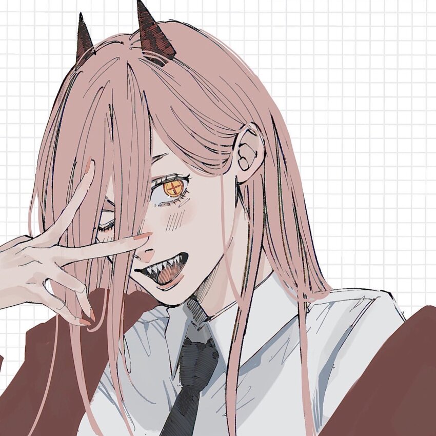 1girl, black_necktie, brown_hair, chainsaw_man, collared_shirt, cross-shaped_pupils, grey_background, highres