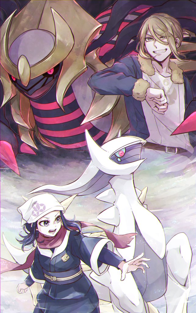 1boy, 1girl, akari_(pokemon), arceus, blonde_hair, blue_eyes, blue_hair, clenched_teeth, commentary_request, gen_4_pokemon, giratina, gura_(rick_grick), headscarf, legendary_pokemon, mythical_pokemon, nintendo, no_mouth, pokemon, pokemon_(creature), pokemon_legends:_arceus, red_eyes, red_scarf, scarf, sidelocks, smile, teeth, volo_(pokemon), white_headscarf