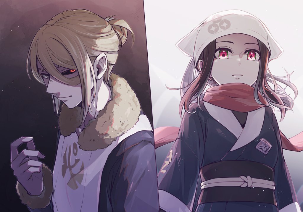 1boy, 1girl, akari_(pokemon), alternate_eye_color, blonde_hair, blue_eyes, commentary_request, evil_smile