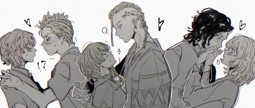 3boys, 3girls, blush, bo_toike57, braid, braided_ponytail, closed_eyes, closed_mouth
