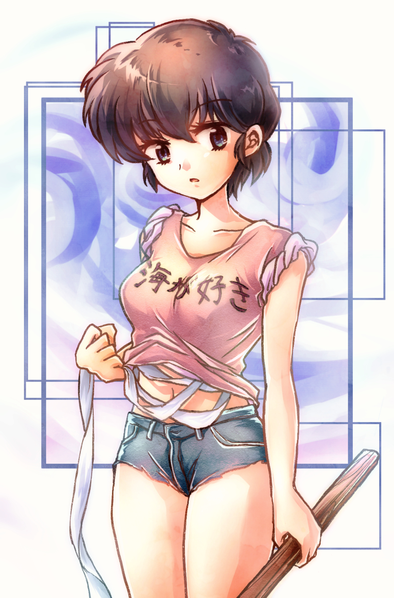 1girl, asaesaya, black_hair, blue_shorts, bokken, breasts, chest_sarashi, clothes_writing, collarbone, denim, denim_shorts, female_focus, fujinami_ryuunosuke, highres, holding, large_breasts, looking_at_viewer, midriff, navel, no_bra, open_mouth, pink_shirt, sarashi, shirt, short_hair, short_shorts, short_sleeves, shorts, solo, standing, sword, tomboy, urusei_yatsura, weapon, wooden_sword