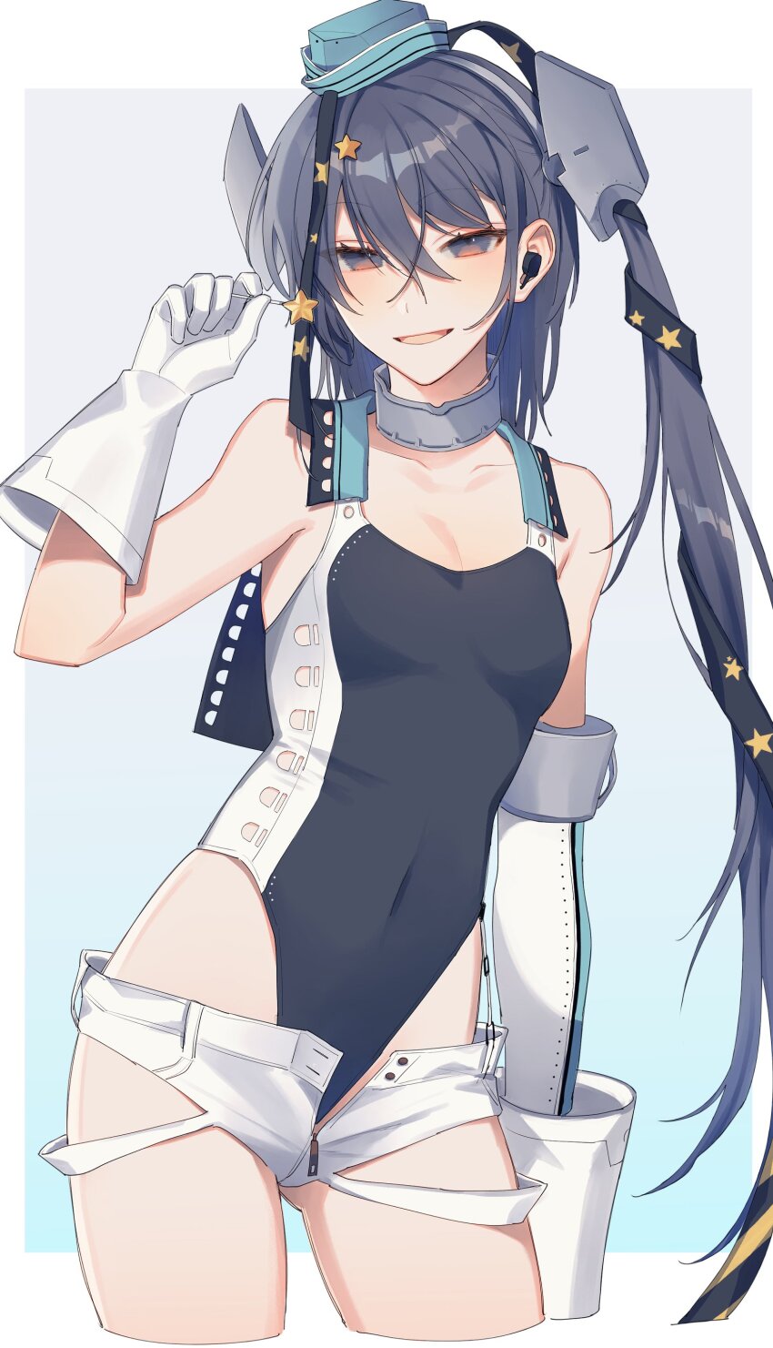 1girl, absurdres, aqua_hat, black_one-piece_swimsuit, black_ribbon, breasts, candy, competition_swimsuit, covered_navel, cowboy_shot, food, garrison_cap, gloves, grey_hair, hair_ornament, hair_ribbon, hat, highleg, highleg_one-piece_swimsuit, highres, holding, holding_candy, holding_food, kantai_collection, long_hair, multicolored_swimsuit, one-piece_swimsuit, ribbon, scamp_(kancolle), short_shorts, shorts, side_ponytail, small_breasts, solo, star_(symbol), star_hair_ornament, su_konbu, swimsuit, two-tone_one-piece_swimsuit, white_gloves, white_shorts