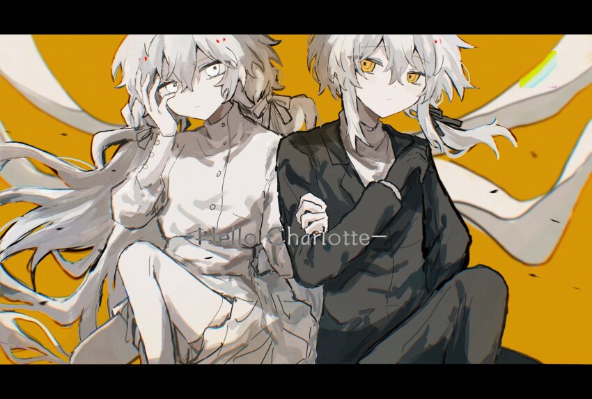 1boy, 1girl, black_border, black_gloves, black_jacket, black_pants, black_ribbon, border