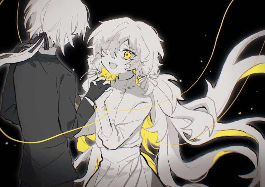 1boy, 1girl, black_background, black_gloves, black_jacket, black_ribbon, blonde_hair, charlotte_wiltshire