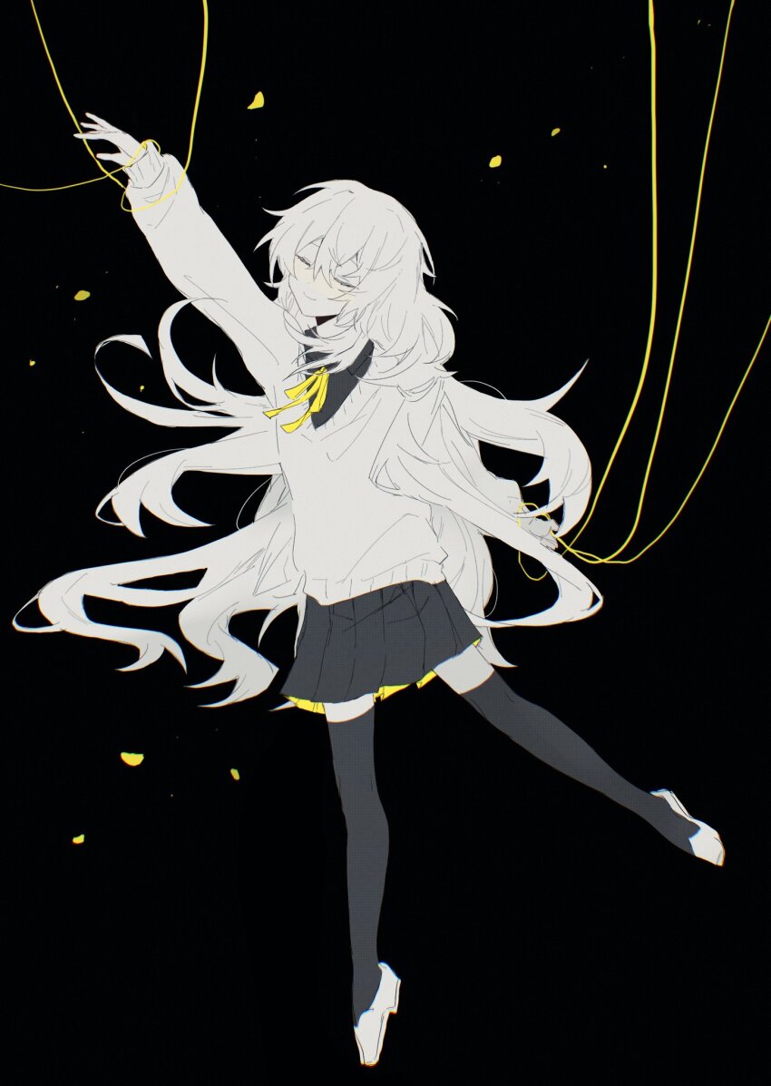 1girl, black_shirt, black_skirt, black_thighhighs, blush, charlotte_wiltshire, closed_eyes, closed_mouth, collared_shirt, full_body, hello_charlotte, highres, loafers, long_hair, monaka78289685, puppet_strings, ribbon, ribbon_hair, shirt, shoes, skirt, smile, solo, sweater, thighhighs, wavy_hair, white_shoes, white_sweater, yellow_ribbon