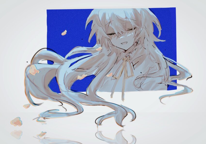 1girl, blouse, blue_background, charlotte_wiltshire, closed_eyes, facing_viewer, hello_charlotte, highres, long_hair, monaka78289685, multicolored_background, neck_ribbon, open_mouth, ribbon, shirt, smile, sweater, wavy_hair, white_background, white_hair, white_shirt, yellow_ribbon