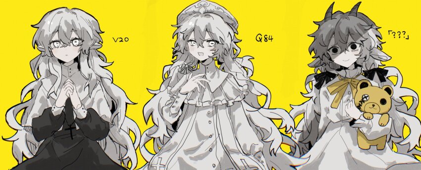 3girls, black_dress, black_eyes, capelet, charlotte_wiltshire, charlotte_wiltshire_(delirium), charlotte_wiltshire_(q84), closed_mouth