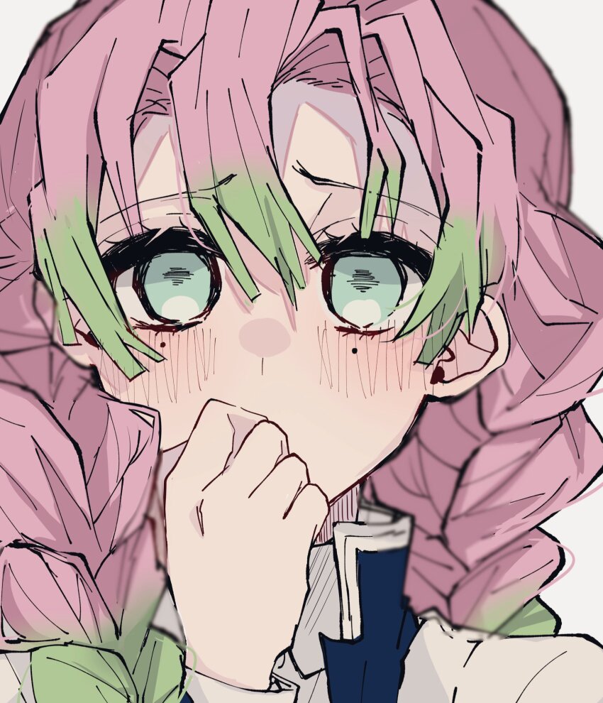 1girl, blush, gradient_hair, green_eyes, green_hair, hand_up, highres, kanroji_mitsuri