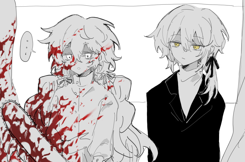 ..., 1boy, 1girl, absurdres, black_jacket, black_ribbon, blood, blood_on_clothes