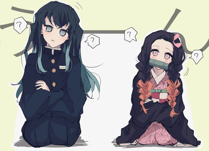 1boy, 1girl, ?, bamboo, bit_gag, black_hair, black_jacket, black_pants