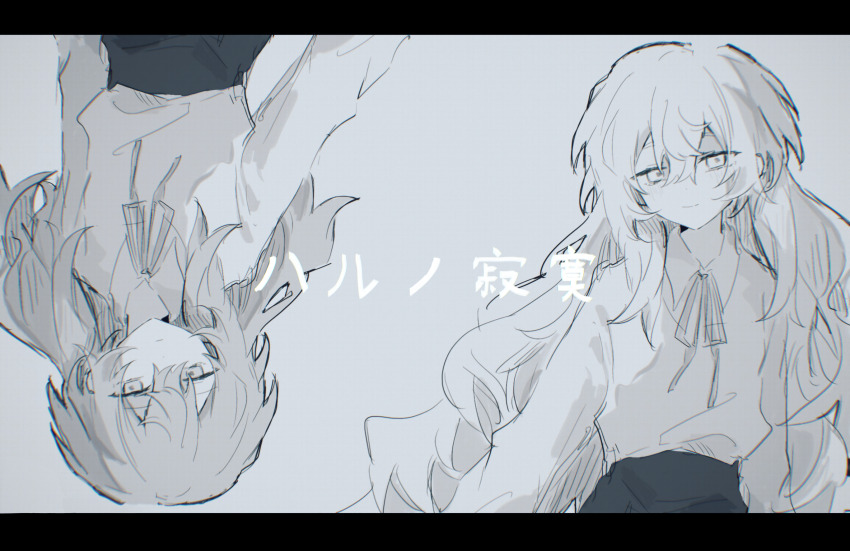 1girl, black_skirt, blouse, charlotte_wiltshire, closed_mouth, expressionless, facing_viewer, grey_background, grey_hair, greyscale, hello_charlotte, highres, long_hair, looking_at_viewer, monaka78289685, monochrome, neck_ribbon, ribbon, shirt, skirt, smile, translation_request, upside-down, wavy_hair, white_shirt