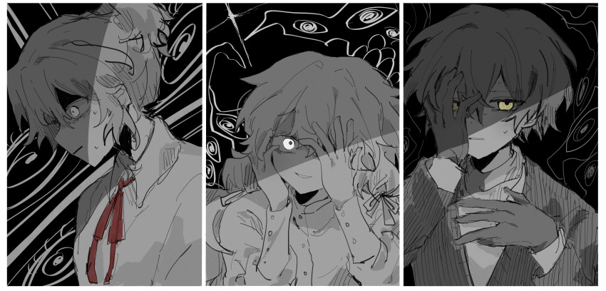 1boy, 2girls, absurdres, black_gloves, black_hair, black_jacket, border, charles_eyler