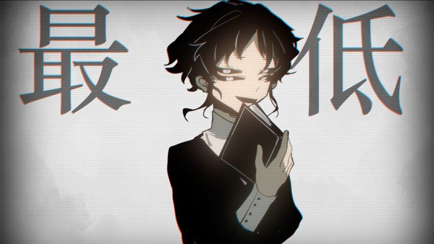 1boy, black_hair, black_jacket, black_sclera, book, colored_sclera, extra_eyes, frei_(hello_charlotte)