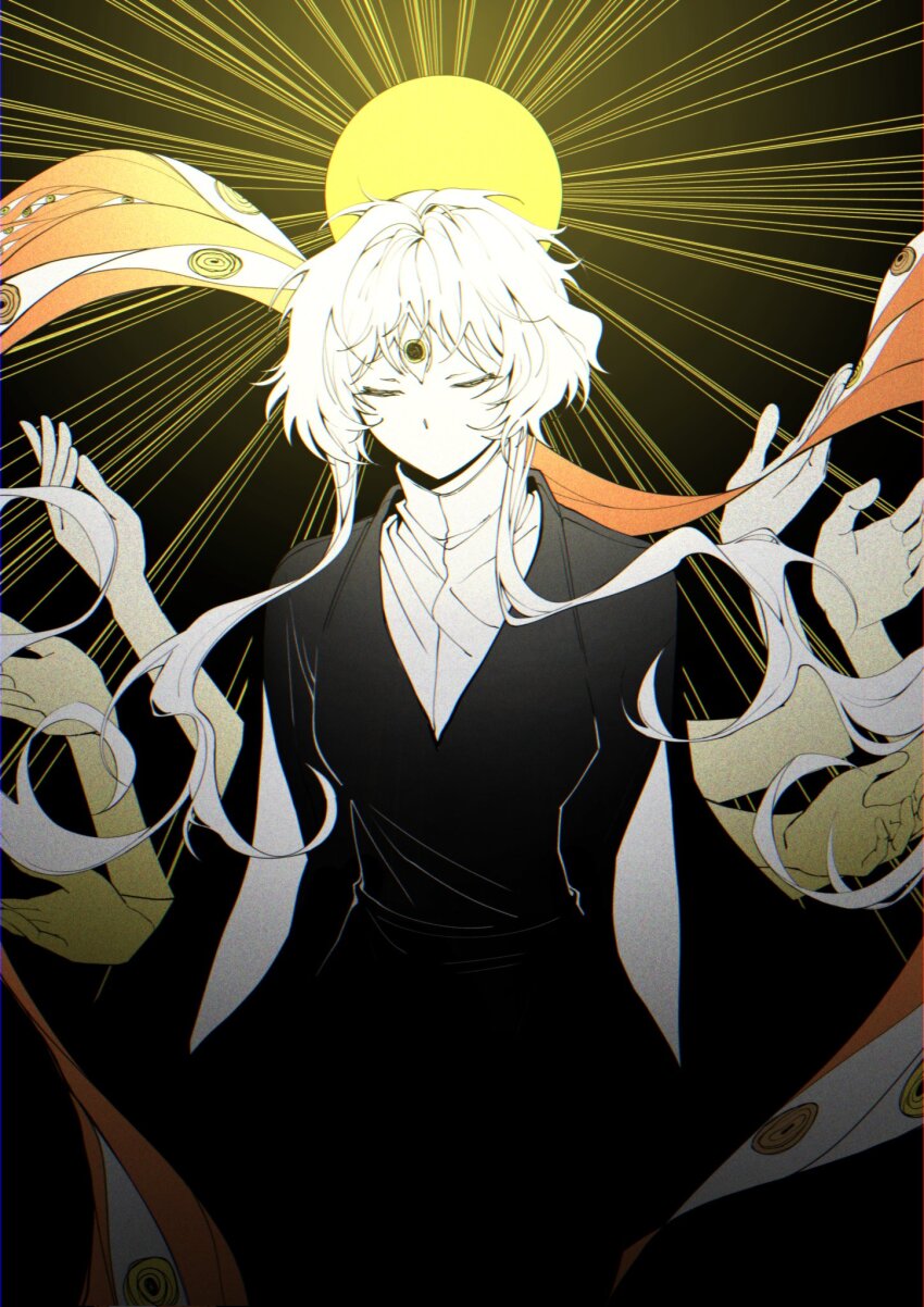 1girl, black_background, black_eyes, black_jacket, charlotte_wiltshire, charlotte_wiltshire_(oracle), closed_eyes, extra_eyes, facing_viewer, hello_charlotte, highres, jacket, long_sleeves, multicolored_background, no_mouth, oops_no_energy, shirt, short_hair_with_long_locks, solo, wavy_hair, white_shirt, yellow_background, yellow_eyes