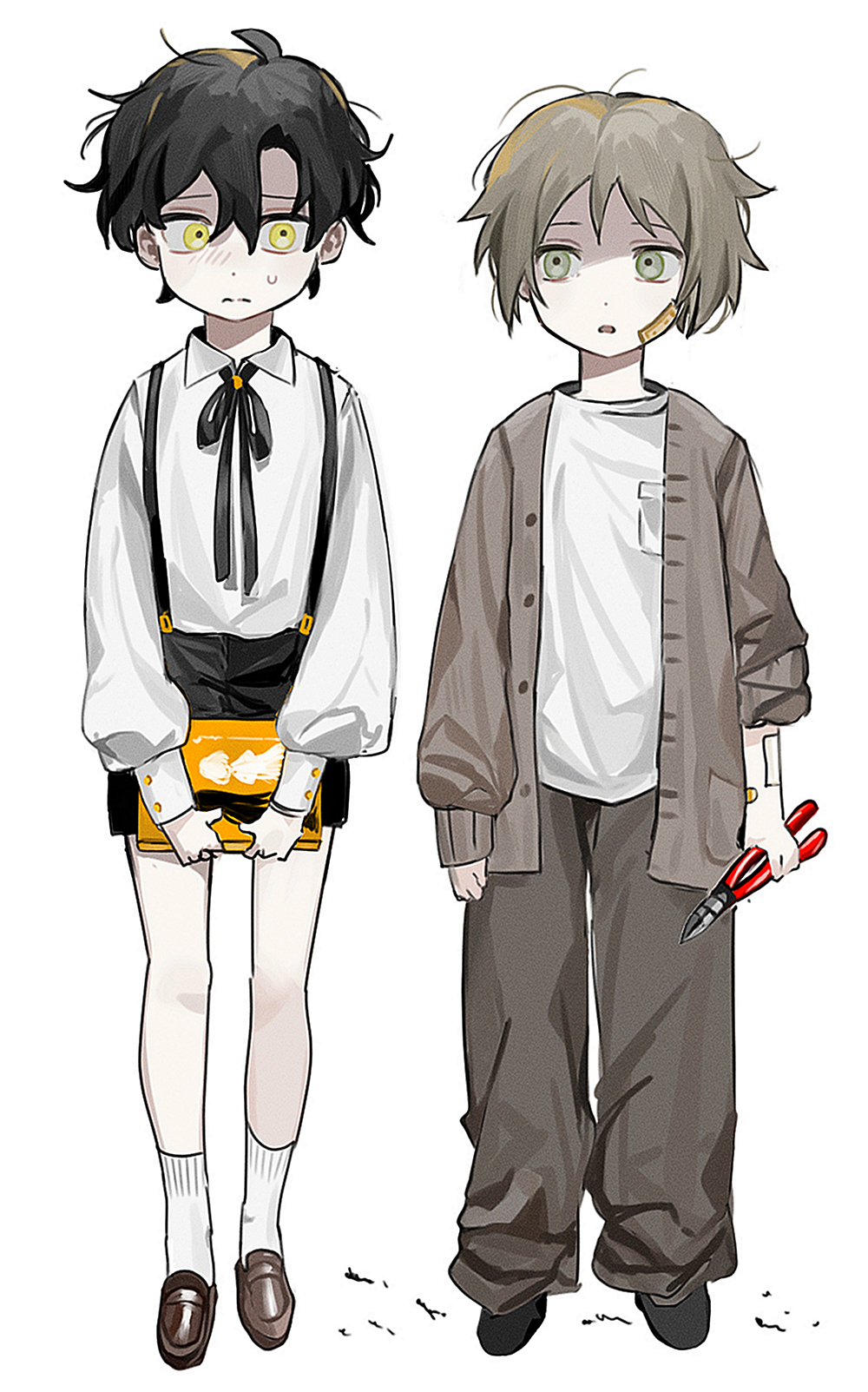 2boys, aged_down, ant, bandaid, bandaid_on_arm, bandaid_on_cheek, bandaid_on_face, black_footwear