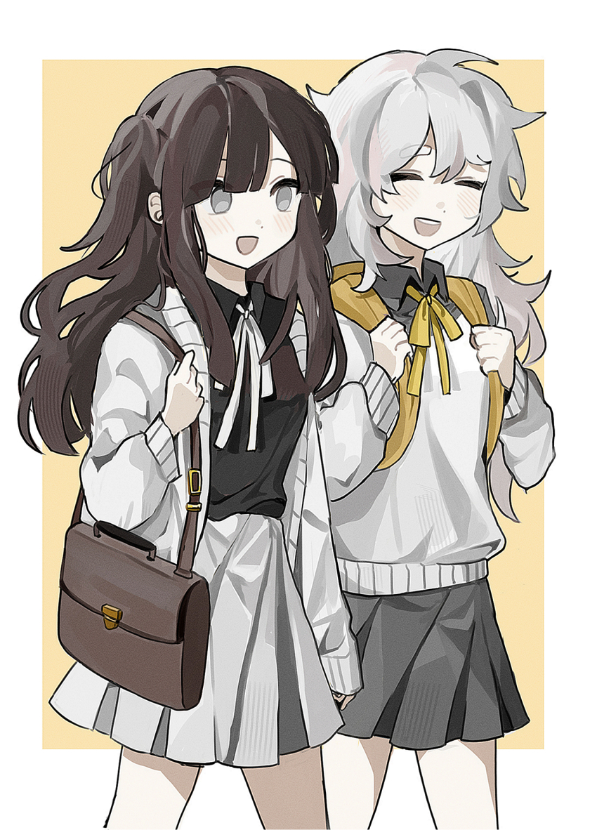 2girls, backpack, bag, black_shirt, black_skirt, blush, border, brown_hair, cardigan, charlotte_wiltshire, closed_eyes, collared_shirt, grey_eyes, half_updo, hello_charlotte, henrietta_warhol, highres, long_hair, looking_at_another, multiple_girls, neck_ribbon, open_mouth, ribbon, school_bag, school_uniform, sesam344, shirt, short_twintails, skirt, sweater, twintails, wavy_hair, white_border, white_cardigan, white_hair, white_skirt, white_sweater, yellow_background, yellow_ribbon