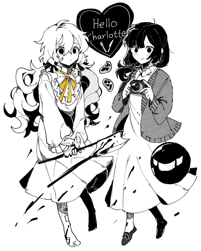 1other, 2girls, bandaid, bandaid_on_leg, black_eyes, black_hair, blood, blush