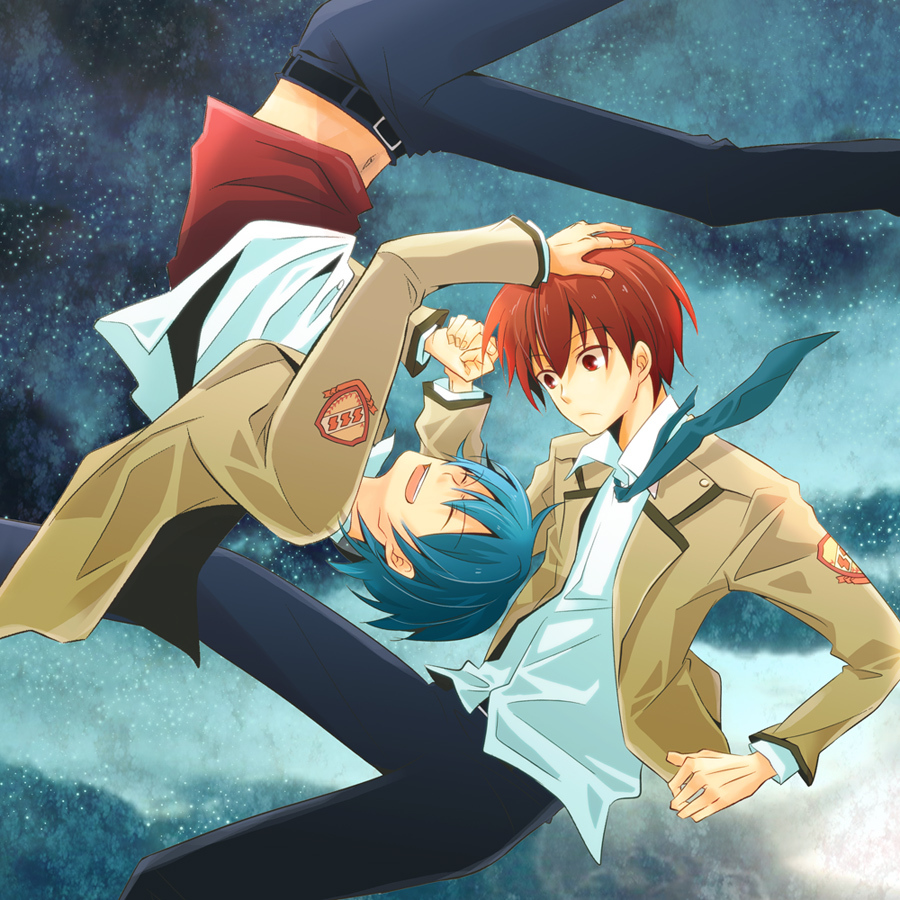 10s, 2boys, angel_beats!, bad_id, bad_pixiv_id, blue_hair, brown_eyes, brown_hair, closed_eyes, hinata_hideki, male_focus, mikan17, multiple_boys, otonashi_yuzuru, rotational_symmetry, school_uniform, short_hair