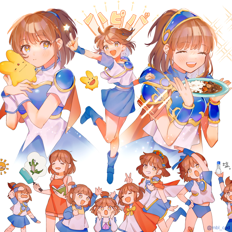 >_<, 1girl, :d, :o, =_=, apron, arle_nadja, arm_up