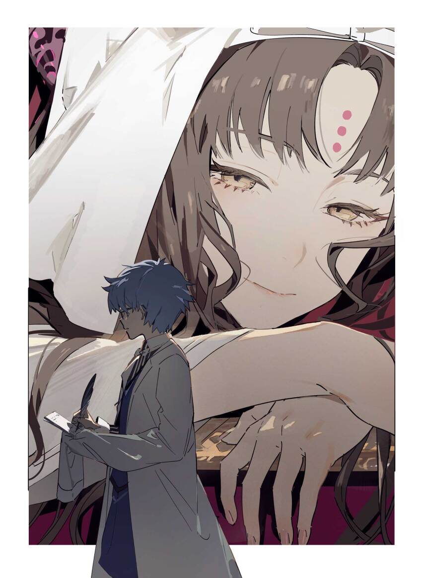 1boy, 1girl, blue_hair, clipboard, facial_mark, fate/grand_order, fate_(series), forehead_mark