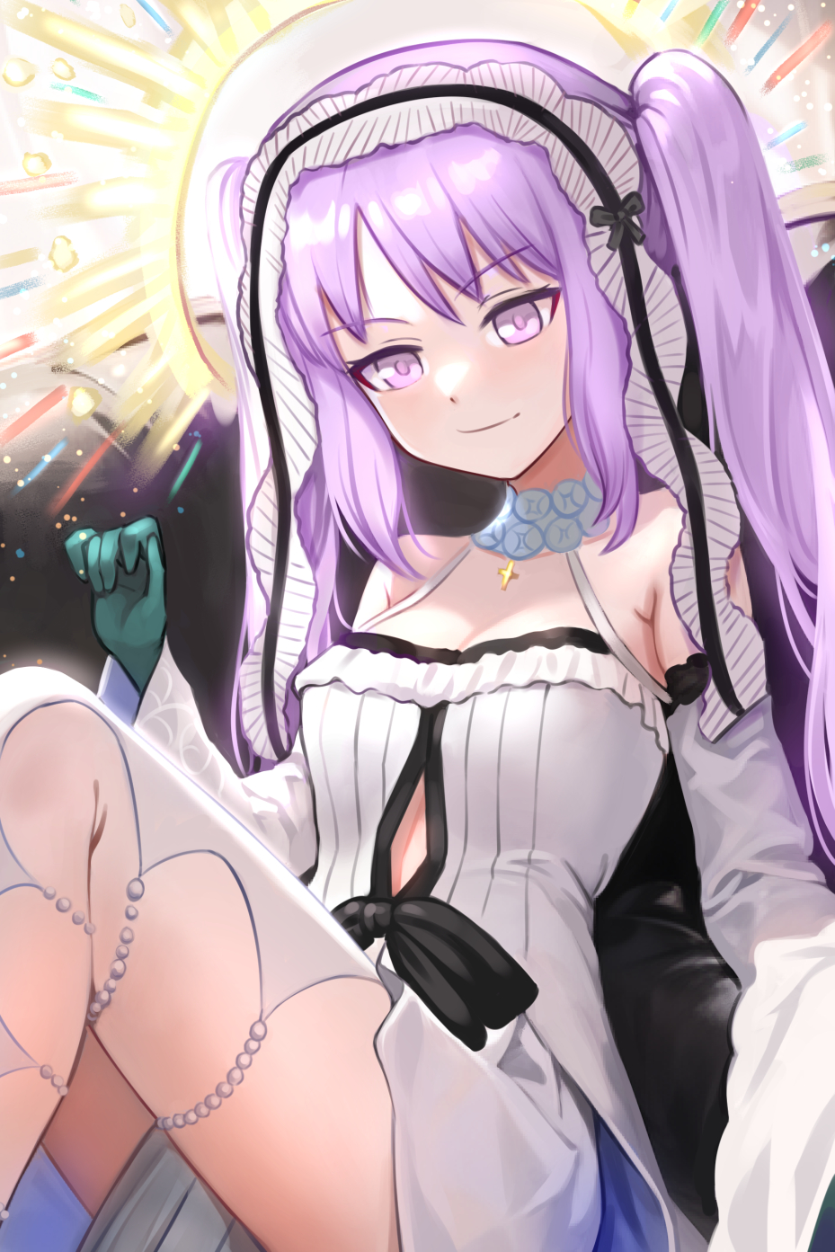 1girl, bare_shoulders, blush, breasts, detached_sleeves, dress, euryale_(fate), euryale_(lostroom_outfit)_(fate), fate/grand_order, fate_(series), gloves, green_gloves, hairband, highres, long_hair, looking_at_viewer, parted_bangs, purple_eyes, purple_hair, shinsaku_(stan-art), sidelocks, sitting, small_breasts, smile, solo, thighs, twintails, very_long_hair, white_dress, wide_sleeves