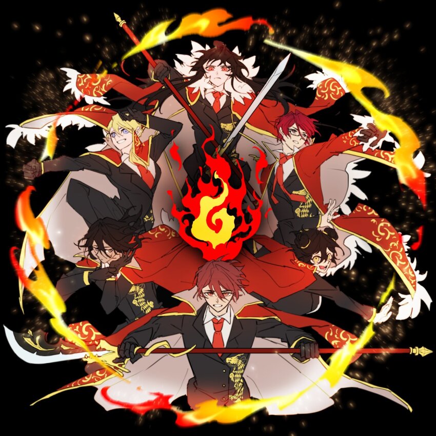 3boys, 3girls, adjusting_clothes, adjusting_gloves, black_gloves, black_jacket, black_pants, blonde_hair