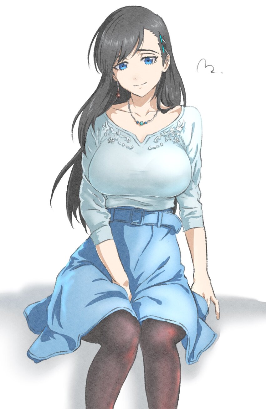 1girl, asymmetrical_hair, between_legs, black_hair, black_pantyhose, blue_eyes, blue_shirt, blue_skirt, breasts, burn_the_witch, dress, earrings, feet_out_of_frame, hair_ornament, half-closed_eyes, hand_between_legs, highres, jewelry, large_breasts, long_hair, mitsugu, necklace, niihashi_noel, pantyhose, shirt, signature, simple_background, single_earring, sitting, skirt, smile, solo, watercolor_effect, white_background