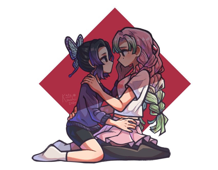 2girls, alternate_costume, black_hair, black_shorts, braid, breasts, butterfly_hair_ornament, casual, commentary, contemporary, english_commentary, fruiitlins, full_body, green_hair, hair_ornament, hand_on_another's_face, hand_on_another's_shoulder, hand_on_another's_waist, highres, kanroji_mitsuri, kimetsu_no_yaiba, kneeling, kochou_shinobu, long_hair, looking_at_another, medium_breasts, mole, mole_under_eye, multicolored_hair, multiple_girls, no_mouth, pink_hair, pink_skirt, pleated_skirt, purple_hair, purple_sweater, shirt, short_sleeves, shorts, signature, simple_background, skirt, socks, sweater, two-tone_hair, white_background, white_shirt, white_socks, yuri