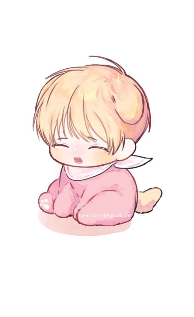 1boy, aged_down, animal_ears, baby, blonde_hair, child, closed_eyes, commentary_request, debwi_mos_hamyeon_jugneun_byeong_geollim, dog_boy, dog_ears, dog_tail, email_address, full_body, kemonomimi_mode, korean_commentary, male_focus, onesie, open_mouth, park_moondae, ronno_5, short_hair, simple_background, sitting, solo, tail, white_background