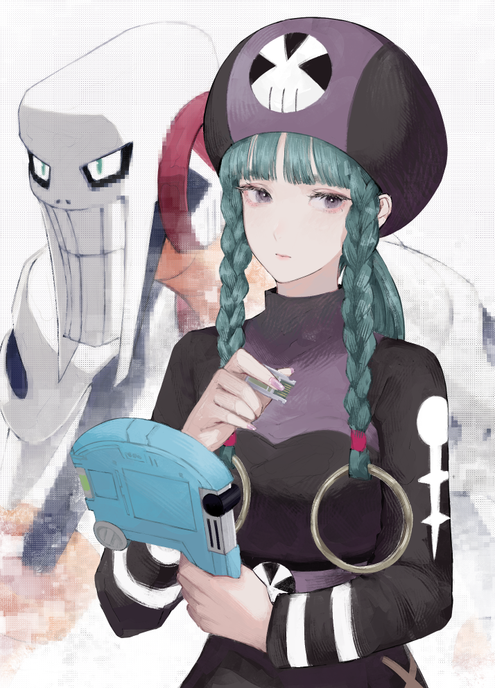 1boy, 1girl, battle_chip, braid, clenched_teeth, commentary_request, green_eyes, green_hair