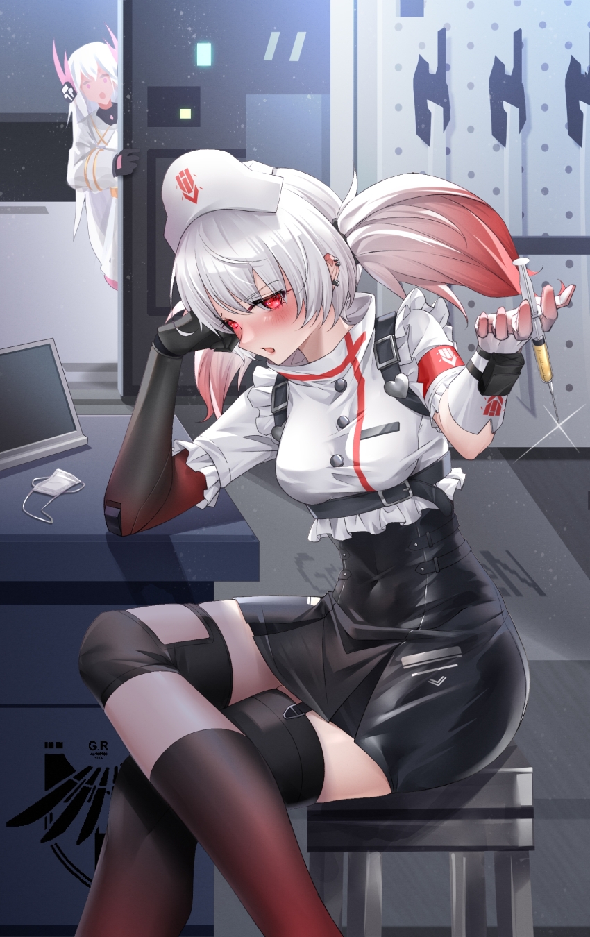2girls, absurdres, asymmetrical_legwear, black_skirt, black_thighhighs, blush, breasts, ear_piercing, edge_edge, fingerless_gloves, gloves, gradient_hair, hair_between_eyes, headphones, highres, holding, holding_syringe, jacket, karenina:_ember_(bloody_love)_(pgr), karenina:_ember_(pgr), karenina_(pgr), liv:_eclipse_(pgr), liv_(pgr), long_hair, mechanical_arms, medium_breasts, multicolored_hair, multiple_girls, nurse, open_mouth, piercing, punishing:_gray_raven, red_eyes, red_hair, shirt, short_sleeves, sidelocks, single_mechanical_arm, skirt, syringe, thighhighs, twintails, white_gloves, white_hair, white_jacket, white_shirt