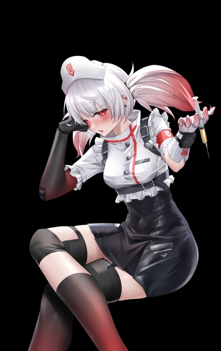 1girl, absurdres, asymmetrical_legwear, black_background, black_skirt, black_thighhighs, blush, breasts