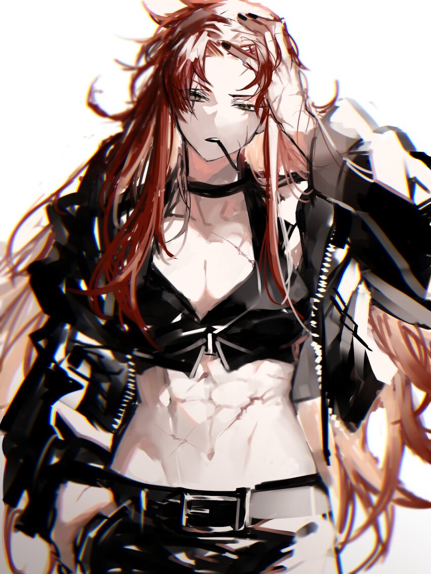 1girl, abs, arm_up, belt, black_belt, black_choker, black_jacket, breasts, choker, cropped_jacket, hand_on_own_head, highres, jacket, kali_(project_moon), library_of_ruina, long_hair, long_sleeves, looking_at_viewer, medium_breasts, muscular, muscular_female, parted_bangs, parted_lips, project_moon, red_hair, remsrar, scar, scar_across_eye, scar_on_face, scar_on_forehead, sidelocks, simple_background, solo, very_long_hair, white_background, yellow_eyes